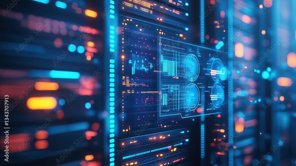 Poster illuminated computer screen displaying intricate circuit design on vibrant blue background creating 