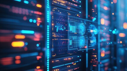 Obraz premium Illuminated Computer Screen Displaying Intricate Circuit Design on Vibrant Blue Background Creating a Modern Technological Atmosphere and Aesthetic