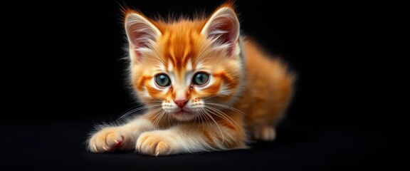 Fototapeta premium Red British kitten with green eyes playfully paws, curious expression on black background, red cat, studio shot