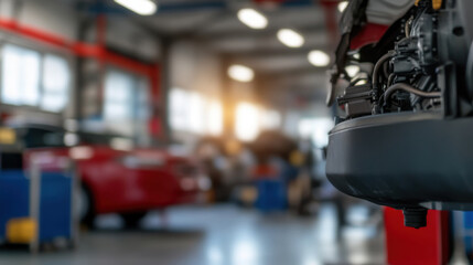 close up view of aircraft engine fan blade replacement in busy workshop, showcasing intricate details of engine component while background captures bustling atmosphere of mechanics at work