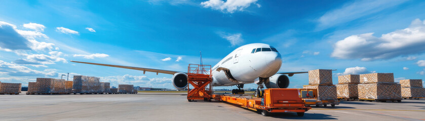 Fototapeta premium large cargo aircraft is parked on runway, surrounded by stacked shipping containers under bright blue sky with fluffy clouds. scene conveys sense of efficiency and logistics in air transport
