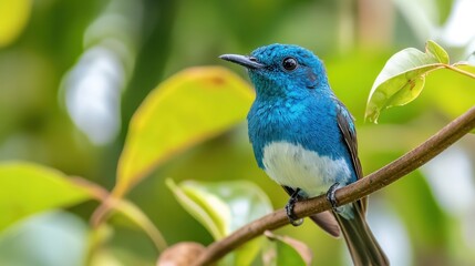 Obraz premium A vibrant blue bird perched on a branch amidst lush green leaves.