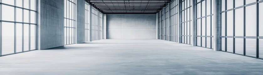 Fototapeta premium Expansive Industrial Warehouse Interior Bathed in Natural Light from Large Highlighting the Raw Architecture and Spacious Storage Aesthetics
