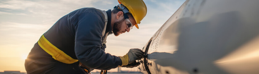 mechanic inspecting aircraft fuel pump during maintenance, showcasing attention to detail and safety. sunset creates warm atmosphere, highlighting importance of precision in aviation work