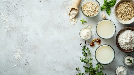 Various vegan plant based milk and ingredients, top view, copy space. Dairy free milk substitute drink, healthy eating.