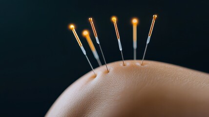 Burnout recovery,  relaxation and therapy concept. A close-up image of acupuncture needles inserted into a person's skin, highlighting the practice of acupuncture for pain relief and healing.