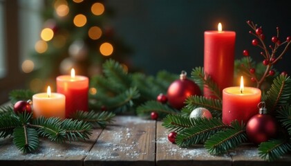 Winter festive Christmas decoration on wooden table background with candles and evergreen branches, winter, festive