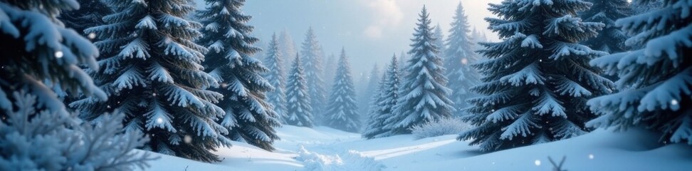 Winter forest snowflakes gently falling on Christmas trees , holiday, evergreen