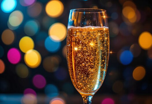 Golden Hour Celebration: A sparkling champagne flute raises a toast to joyous moments, captured in warm, inviting light against a bokeh backdrop of vibrant colors.