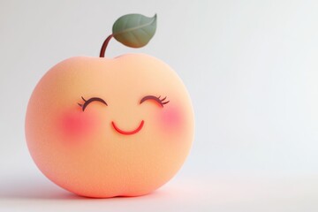 A cute, smiling 3D peach with rosy cheeks and a leaf.
