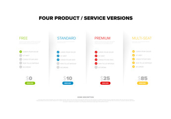 A modern pricing table showcasing four product or service options: Free, Standard, Premium, and Multi-Seat plans. Each plan includes features and pricing details for easy comparison.