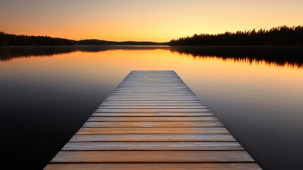 Fototapeta premium Burnout recovery, relaxation and therapy concept. A serene wooden dock extends into a calm lake at sunset, reflecting warm colors and surrounded by peaceful forest scenery.