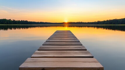 Obraz premium Burnout recovery, relaxation and therapy concept. A tranquil wooden dock extends into a serene lake, reflecting a beautiful sunset with warm hues and a peaceful atmosphere.