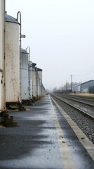 Obraz premium Grey industrial silos line a wet railway track on an overcast day. The perspective leads the eye down the track into the misty distance.