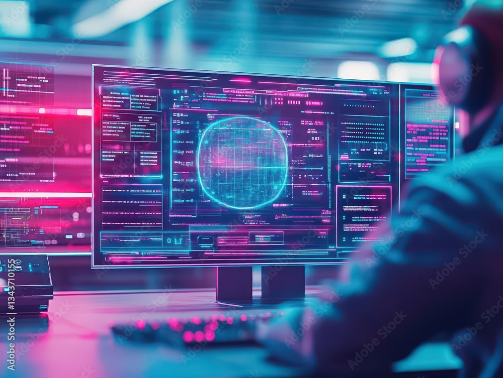 Poster professional man in suit engaged with advanced futuristic computer interface displaying innovative t
