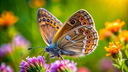 Obraz premium Argus Butterfly on Wildflower, Close-up Macro Photography, Nature, Insect, Wildlife