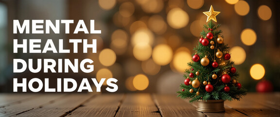 holiday mental health awareness with christmas tree and cozy festive decor.
