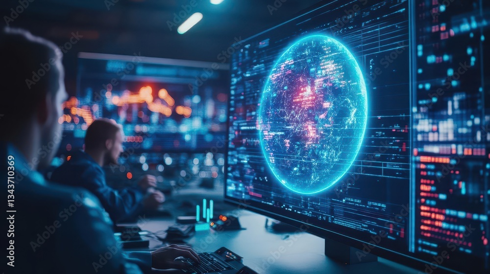 Poster a focused man analyzing data on a computer screen with a glowing futuristic sphere illuminating the 
