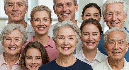 Faces of a Community: A diverse group of people from different generations and backgrounds, united by smiles. Capturing a moment of unity, diversity and the beauty of human connection.