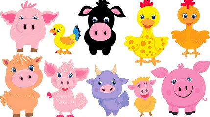 Obraz premium Adorable Cartoon Illustrations Featuring Various Farm Animals and Creatures