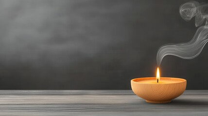 Burnout recovery,  relaxation and therapy concept. A glowing candle emits wisps of fragrant smoke against a dark background, creating a serene and calming atmosphere.