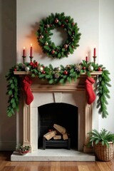 Wooden mantel adorned with Christmas ornaments and garlands of evergreen branches, Cozy Fireplace, Festive Lighting