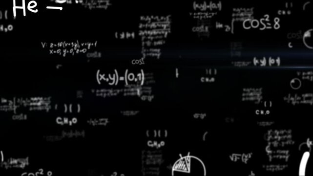 Symbols, variables, and calculations appear and shift, high-tech, scientific atmosphere. Glowing white text against black background, evoking themes of advanced research, theoretical physics, 4k.