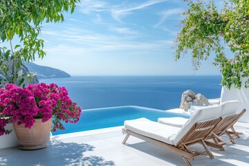Plakat a luxurious patio overlooking a beautiful, expansive sea view with flowers