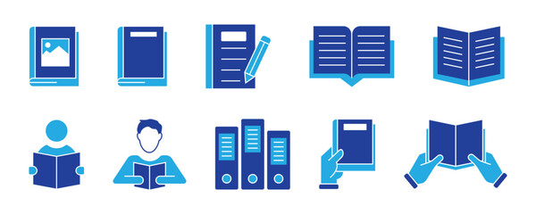 Book icon set. Containing library, read, author, journal, reading, bookshelf, magazine, e-book and more. Vector solid icons collection.