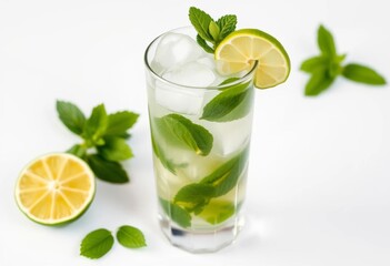 Refreshing mojito cocktail in a glass, ice cubes, mint leaves, lime wedges, white background,  elegant, mint sprig
