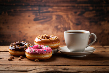 Donuts and coffee on a rustic wooden table, capturing the cozy and comforting essence of a classic breakfast or snack time treat in a warm, inviting setting
