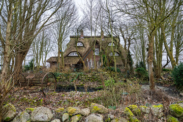 Ein charmantes strohgedecktes Ferienhaus, umgeben von Bäumen und überwucherter Vegetation, das eine skurrile und rustikale Atmosphäre schafft. Das Haus verfügt über einzigartige architektonische Eleme