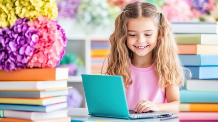 Fototapeta premium Young Scholar's Digital World: A charming young girl engrossed in her studies on a sleek laptop, surrounded by vibrant books and flowers, embodying the blend of education and technology