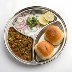 kheema pav on steel section dish on white background 