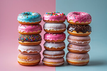 tall stack of colorful donuts against a split pink and blue background, showcasing the playful variety and indulgent appeal of sweet pastry treats