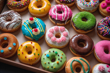 Top-down view of assorted donuts with chocolate chips and strawberries, showcasing the variety of toppings and indulgent appeal of gourmet pastry treats.
