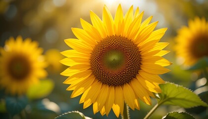 Obraz premium A radiant sunflower basking in golden sunlight, symbolizing summer's warmth and joyful energy in a field of blooms.