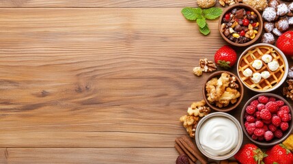 A Colorful Culinary Collage: A vibrant and delicious assortment of fresh fruits, crunchy nuts, and creamy yogurt artfully arranged on a rustic wooden surface.