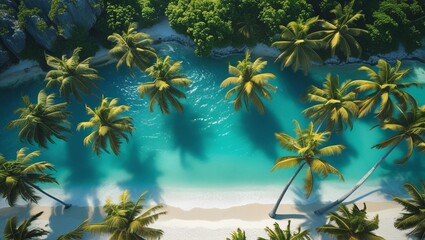 Aerial view of a tropical beach with turquoise water and palm trees
