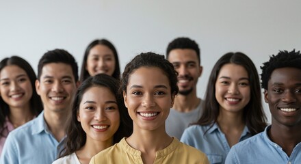 Obraz premium Harmony of Faces: A close-up shot captures the genuine smiles of a diverse group of individuals, each face radiating warmth, optimism, and unity. An embodiment of multiculturalism.