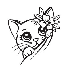 black cat with flowers peeking out from behind white sign vector silhouette