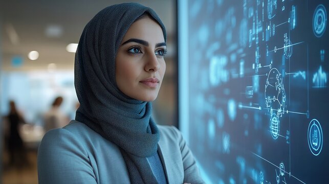 Focused muslim woman in hijab looks at futuristic technology display