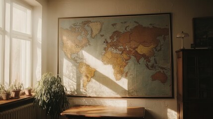 Vintage World Map on Wall with Natural Light and Indoor Plants