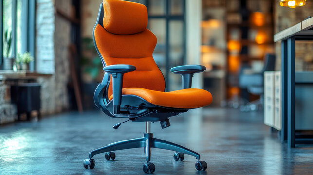 Modern office chair in softly lit workspace, enhancing comfort and productivity for the user during work hours