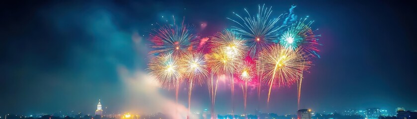 Vibrant Fireworks Bursting in the Night Sky Above a Bustling Cityscape Creating an Atmosphere of Celebration and Joyful Festivities for All