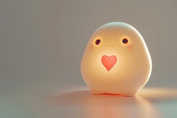 A cute, glowing, pebble-shaped character holds a heart, conveying love and warmth.