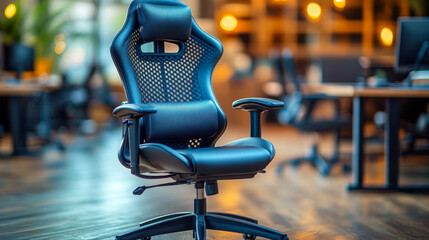 Modern office chair in softly lit workspace, enhancing comfort and productivity for the user during work hours