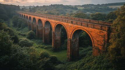 A railway bridge with large brick abutments, set against a scenic countryside landscape, highlighting the blend of engineering and nature 