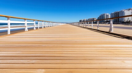 Fototapeta premium Wooden boardwalk extending to a beach with white railings and distant buildings under a clear blue sky.