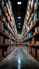 Fototapeta premium A long aisle in a warehouse is filled with shelves of cardboard boxes. The floor is reflective, and the lighting is bright.